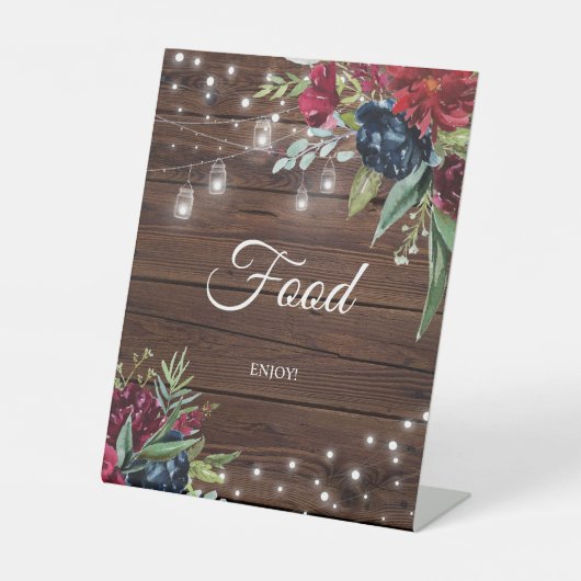 Rustic Wood Burgundy Floral Lights Reclamebord Met Voetstuk (Voorkant)