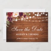 Rustic Wood Burgundy Floral Lights Save The Date (Voorkant)
