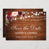 Rustic Wood Burgundy Floral Lights Save The Date (Voorkant / Achterkant)
