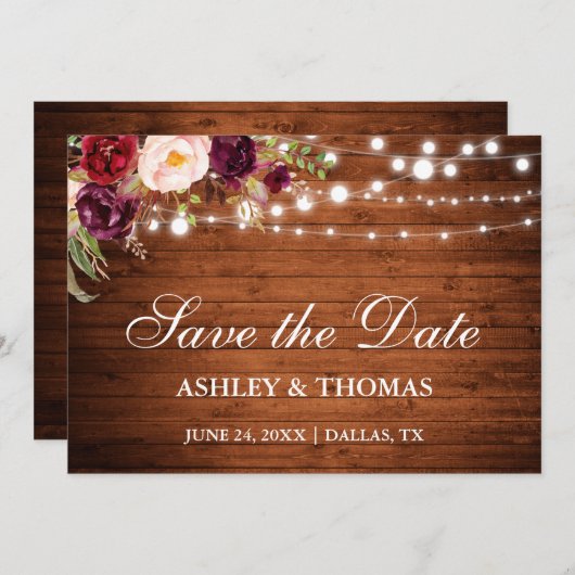 Rustic Wood Burgundy Floral Lights Save The Date (Voorkant / Achterkant)