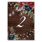 Rustic Wood Burgundy Floral Lights Tabel 2 Weddens Kaart (Achterkant)