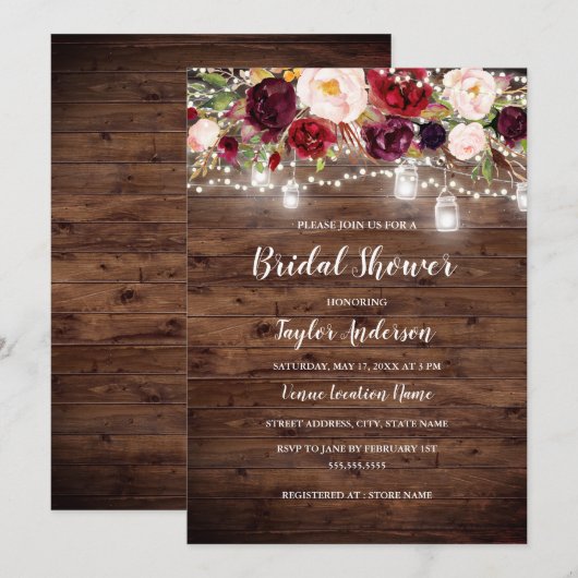 Rustic Wood Burgundy Floral Lights Vrijgezellenfee Kaart (Voorkant / Achterkant)