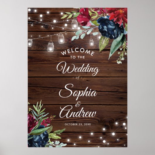 Rustic Wood Burgundy Floral Lights Weddenschap Wel Poster (Voorkant)