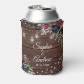 Rustic Wood Burgundy Floral Lights Wedding Blikjeskoeler (Blikje Achterkant)