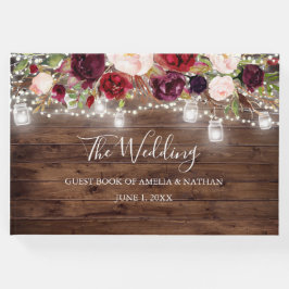 Rustic Wood Burgundy Floral Lights Wedding Gastenboek