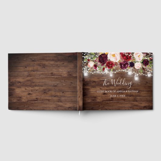 Rustic Wood Burgundy Floral Lights Wedding Gastenboek (Volledig)