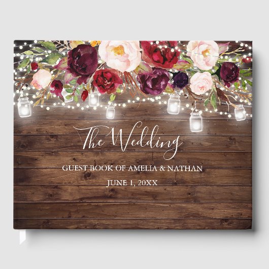 Rustic Wood Burgundy Floral Lights Wedding Gastenboek (Voorkant)