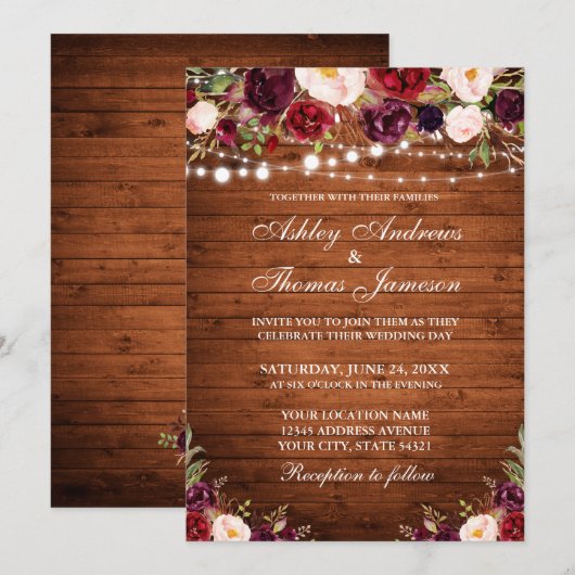 Rustic Wood Burgundy Floral Lights Wedding Kaart (Voorkant / Achterkant)