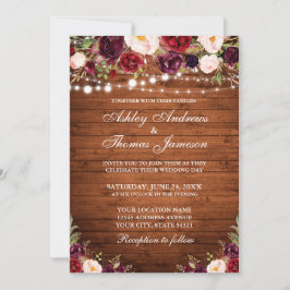 Rustic Wood Burgundy Floral Lights Wedding Kaart