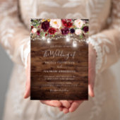 Rustic Wood Burgundy Floral Lights Wedding Kaart