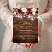 Rustic Wood Burgundy Floral Lights Wedding