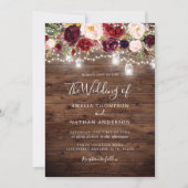 Rustic Wood Burgundy Floral Lights Wedding Kaart (Voorkant)