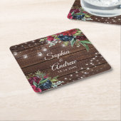 Rustic Wood Burgundy Floral Lights Wedding Kartonnen Onderzetters (Schuin)