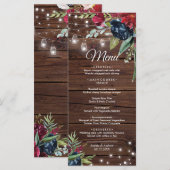 Rustic Wood Burgundy Floral Lights Wedding Menu (Voorkant / Achterkant)