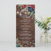 Rustic Wood Burgundy Floral Lights Wedding Menu (Staand voorkant)