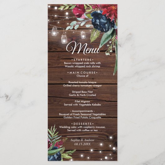 Rustic Wood Burgundy Floral Lights Wedding Menu (Voorkant)