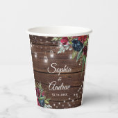 Rustic Wood Burgundy Floral Lights Wedding Papieren Bekers (Achterkant)