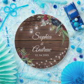 Rustic Wood Burgundy Floral Lights Wedding Papieren Bordje (Feest)