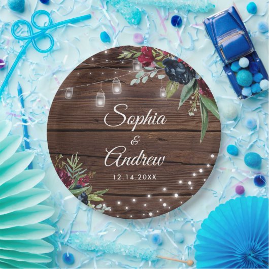 Rustic Wood Burgundy Floral Lights Wedding Papieren Bordje (Feest)