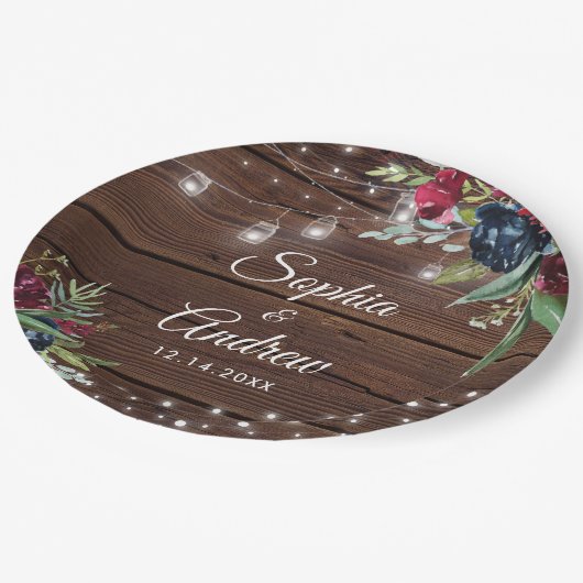 Rustic Wood Burgundy Floral Lights Wedding Papieren Bordje (Gekanteld)