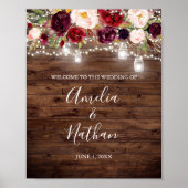 Rustic Wood Burgundy Floral Lights Wedding Poster (Voorkant)