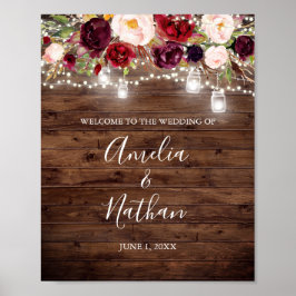 Rustic Wood Burgundy Floral Lights Wedding Poster
