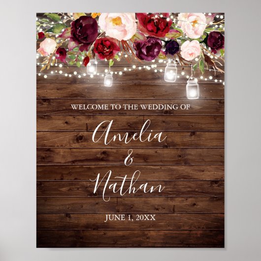 Rustic Wood Burgundy Floral Lights Wedding Poster (Voorkant)