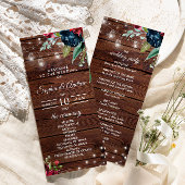 Rustic Wood Burgundy Floral Lights Wedding Programmakaart