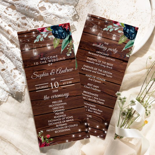 Rustic Wood Burgundy Floral Lights Wedding Programmakaart