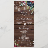 Rustic Wood Burgundy Floral Lights Wedding Programmakaart (Voorkant)