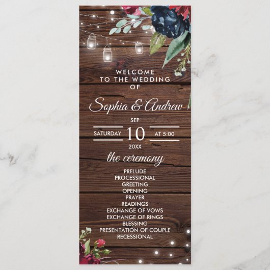 Rustic Wood Burgundy Floral Lights Wedding Programmakaart (Voorkant)
