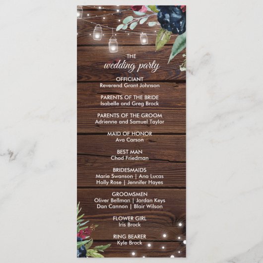 Rustic Wood Burgundy Floral Lights Wedding Programmakaart (Achterkant)