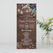 Rustic Wood Burgundy Floral Lights Wedding Programmakaart (Staand voorkant)