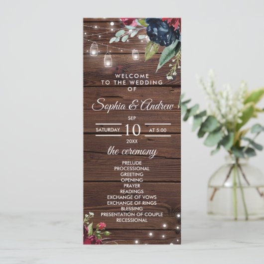 Rustic Wood Burgundy Floral Lights Wedding Programmakaart (Staand voorkant)