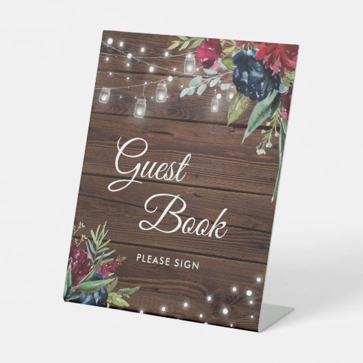 Rustic Wood Burgundy Floral Lights Wedding Reclamebord Met Voetstuk (Voorkant)