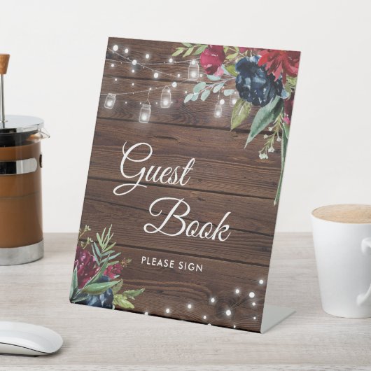 Rustic Wood Burgundy Floral Lights Wedding Reclamebord Met Voetstuk (Insitu)