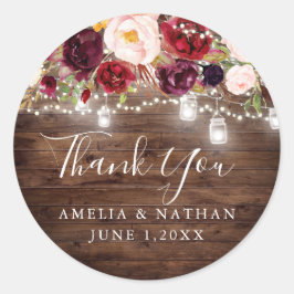 Rustic Wood Burgundy Floral Lights Wedding Ronde Sticker
