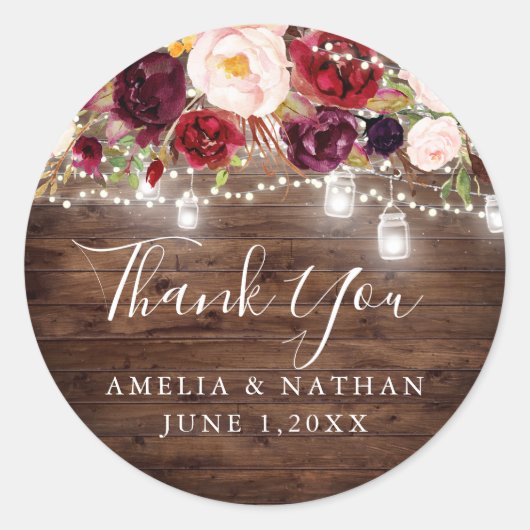 Rustic Wood Burgundy Floral Lights Wedding Ronde Sticker (Voorkant)