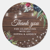 Rustic Wood Burgundy Floral Lights Wedding Ronde Sticker (Voorkant)