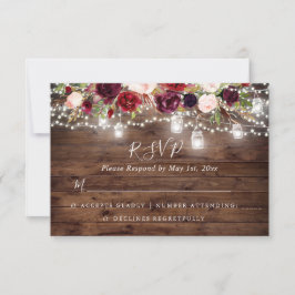 Rustic Wood Burgundy Floral Lights Wedding RSVP Kaartje