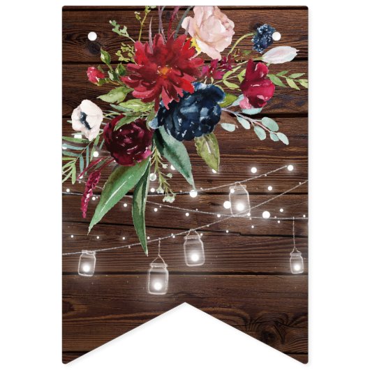 Rustic Wood Burgundy Floral Lights Wedding Vlaggetjes (Eerste vlag)