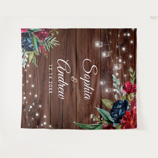 Rustic Wood Burgundy Floral Lights Wedding Wandkleed (Voorkant (horizontaal))