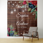 Rustic Wood Burgundy Floral Lights Wedding Wandkleed (In situ)