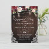 Rustic Wood Burgundy Floral Mason Jar Verloving Kaart (Staand voorkant)