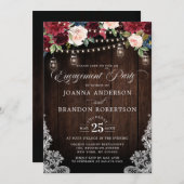 Rustic Wood Burgundy Floral Mason Jar Verloving Kaart (Voorkant / Achterkant)