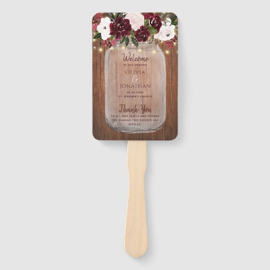 Rustic Wood Burgundy Floral Mason Jar Wedding Handwaaier (Voorkant)