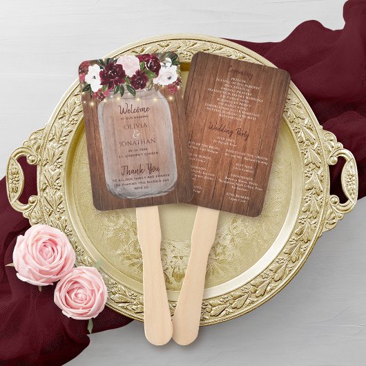 Rustic Wood Burgundy Floral Mason Jar Wedding Handwaaier