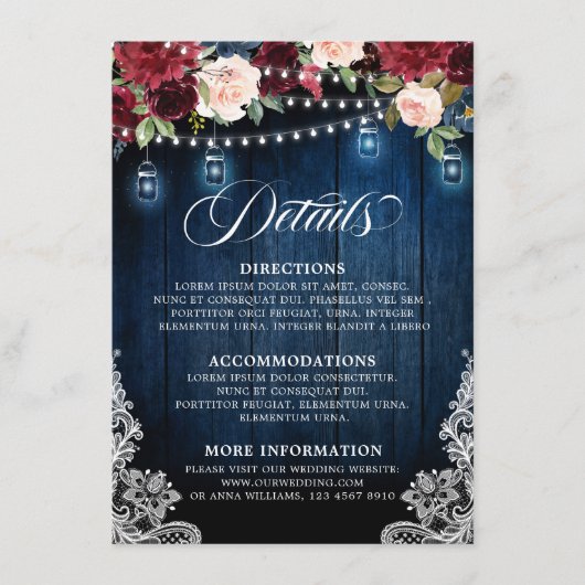 Rustic Wood Burgundy Floral Mason Jar Wedding Informatiekaartje (Voorkant)