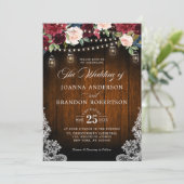 Rustic Wood Burgundy Floral Mason Jar Wedding Kaart (Staand voorkant)