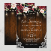 Rustic Wood Burgundy Floral Mason Jar Wedding Kaart (Voorkant / Achterkant)
